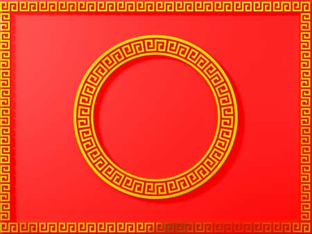 Happy Chinese new year concept. Chinese traditional ornament collection of decorative gold round border frames red background for web design, Circle frame, 3D rendering illustrationの写真素材