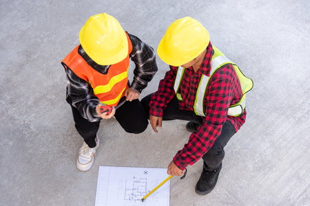 Architect and client discuss help create plan with blueprint of the building at construction site...