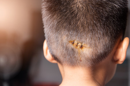 The lacerated sutured wound of kid back head which suture by nylon suture about 3 stitches at the emergency room of the hospital, Medical care of the surgery lesion on the head, children of Accidentの写真素材
