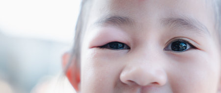 Stye Eye diseases. Closed Asian kid little girl eye with sty, eyelid abscess ophthalmic hordeolumの写真素材