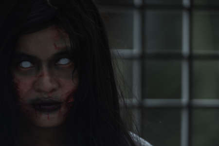 Female zombie in blood devil is scary she haunted at the abandoned building, Horror evil woman ghost...