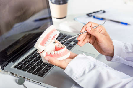 Oral dental hygiene. Dentist female holding professional stomatology tool and pointing healthy tooth model and explaining patient at clinic office and teeth X-ray on laptop screen, dental healthcareの写真素材