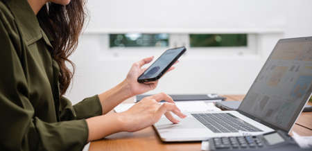 Asian young woman pay for goods digital payment success on smartphone, Smile female buy product on...