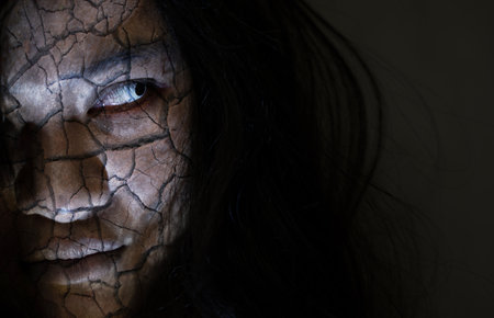 Scary ghost woman. Close up face of Asian woman ghost or zombie horror creepy scary have hair...