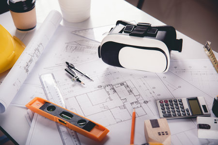 Architect workplace top view. Architectural blueprint paper project plans on desk table, tool for...