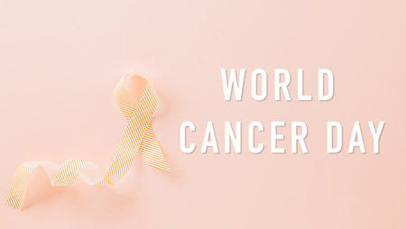 World cancer day concept. ribbons on pink background, cancer awareness, Banner design, healthcare support symbolの写真素材