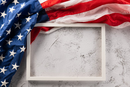Presidents Day. Banner template design of presidents day concept, flag of United States American and photo frame space, USA flag for Memorial day on white abstract backgroundの写真素材