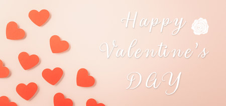 Happy Valentines day concept. Red paper hearts cutting pastel pink background, Symbol of love paper art with copy space for text, Mothers Dayの写真素材