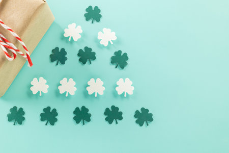 Happy St Patricks Day decoration background concept. shamrocks leaves holiday symbol with copy space...