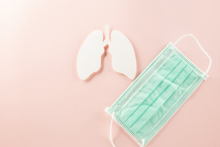 World TB Day. Overhead lungs paper symbol and facial medical face mask on pastel pink background, lung cancer awareness, copy space concept of world tuberculosis day, banner backgroundの写真素材