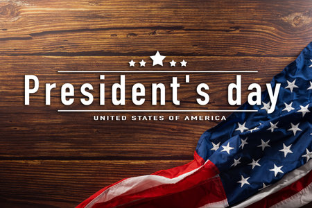 Presidents Day. Banner template design of presidents day concept, flag of United States American and space, USA flag for Memorial day on wood backgroundの写真素材