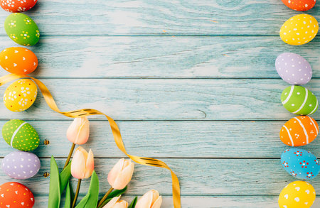 Happy Easter Day Concept. Flat lay holiday banner background web design white colorful easter eggs...