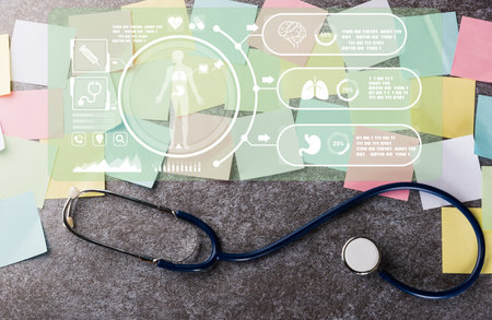 Doctor Day Concept, Top view of many blank paper stick note list with doctor doctor stethoscope on concrete board for write note stick memory work today, Medical and Healthcareの写真素材