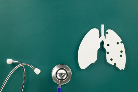 World Tuberculosis Day. Top view of lungs paper symbol and medical stethoscope on green background, copy space, lung cancer awareness, concept of world TB day, Healthcare and medicine conceptの写真素材