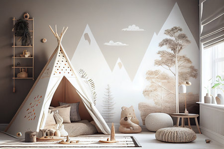 Cozy kids room with tent, Creative playroom interior decorated for child play, Montessori interior,...