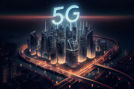 Smart cityscape skyline and communication 5G network online, night internet of things, Generative AIの写真素材