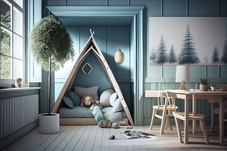 Scandinavian interior design of playroom with wooden cabinet, armchairs, Spacious child room with window, play tent, sack chair, poster mockup, Generative AIの写真素材