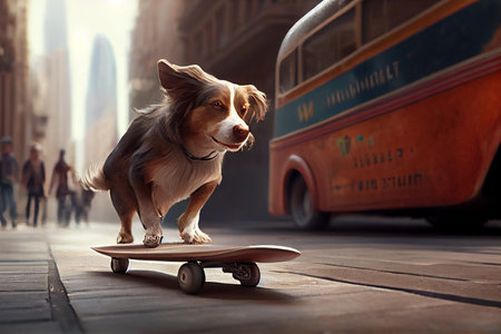Cute dog playing skateboard on the road, Animal Sport riding on skateboard, Generative AIの写真素材