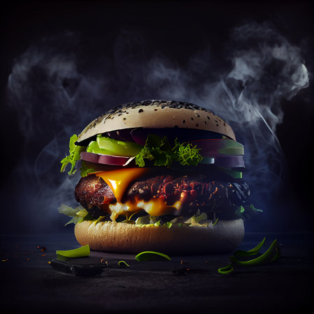 Closeup of home made tasty burger on black background, fastfood hamburger, Generative AIの写真素材