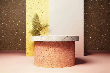 Minimal modern product display cosmetic products, empty scene Cylindrical podium with green leaves products presentation, Generative AIの写真素材