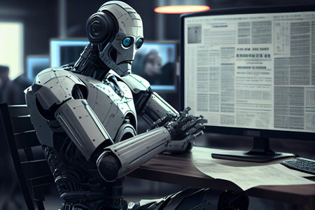 Chat bot assistant, Robot online assistance and machine customers support on desk with computer, robot working chatbot texting, coding or developing project, Generative AIの写真素材