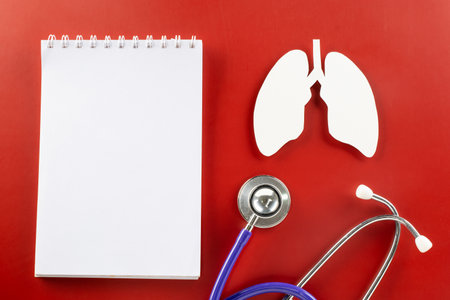 World TB Day. Top view lungs paper symbol, medical stethoscope and notebook paper on red background, lung cancer awareness, copy space concept of world tuberculosis day, banner backgroundの写真素材