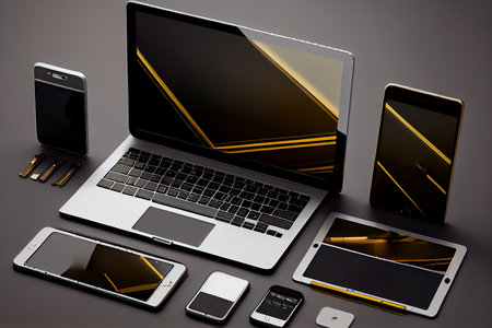 Responsive design mockup. Digital tablet and smartphone and computer with blank screen on desk, Computer display, laptop, Generative AIの素材
