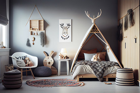 Scandinavian interior design of playroom with wooden cabinet, armchairs, Spacious child room with window, play tent, sack chair, poster mockup, Generative AIの素材