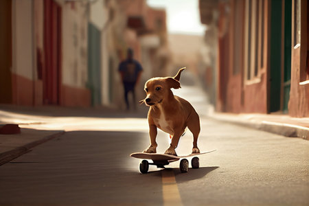 Cute dog playing skateboard on the road, Animal Sport riding on skateboard, Generative AIの素材