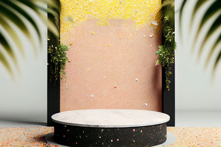 Minimal modern product display cosmetic products, empty scene Cylindrical podium with green leaves products presentation, Generative AIの素材