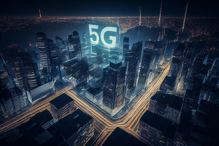 Smart cityscape skyline and communication 5G network online, night internet of things, Generative AIの素材