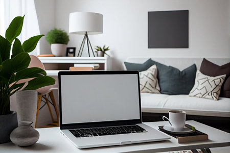 Mock up of blank screen laptop computer on desk in modern living room, Still life workplace at home technology indoors lifestyle, home interior, Generative AIの素材