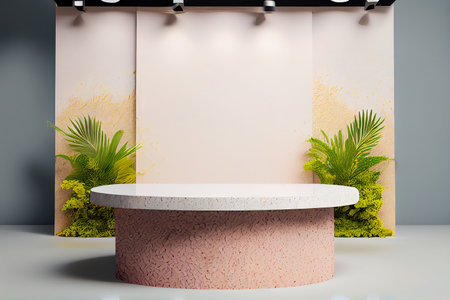 Minimal modern product display cosmetic products, empty scene Cylindrical podium with green leaves products presentation, Generative AIの素材