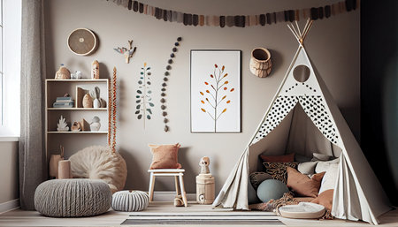 Cozy kids room with tent, Creative playroom interior decorated for child play, Montessori interior, room design, playroom, Generative AIの素材