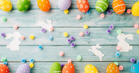 Easter Day Concept. Top view holiday banner background web design white colorful easter eggs and...
