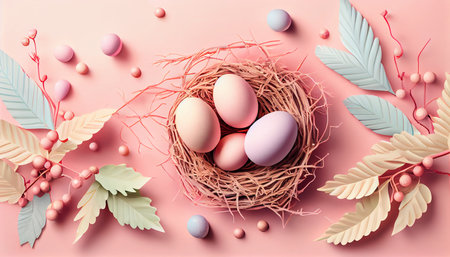 Happy Easter Day Concept. Top view easter eggs isolated on white background with copy space for text, template header for website, AI Generativeの素材