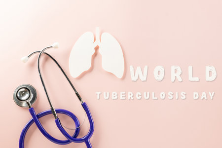World Tuberculosis Day. Top view of lungs paper symbol and medical stethoscope on pink background, copy space, lung cancer awareness, concept of world TB day, Healthcare and medicine conceptの写真素材
