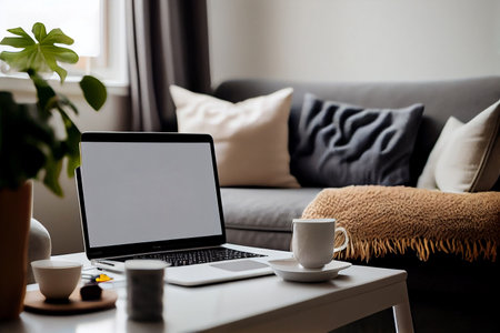 Mock up of blank screen laptop computer on desk in modern living room, Still life workplace at home technology indoors lifestyle, home interior, Generative AIの素材