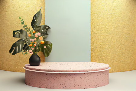 Minimal modern product display cosmetic products, empty scene Cylindrical podium with green leaves products presentation, Generative AIの素材