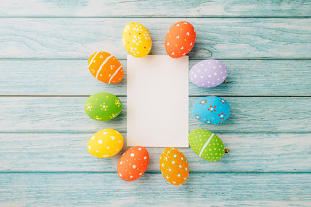 Easter Day Concept. Flat lay holiday banner background web design white colorful easter eggs...