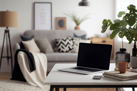 Mock up of blank screen laptop computer on desk in modern living room, Still life workplace at home technology indoors lifestyle, home interior, Generative AIの素材