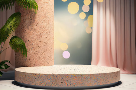 Minimal modern product display cosmetic products, empty scene Cylindrical podium with green leaves products presentation, Generative AIの素材