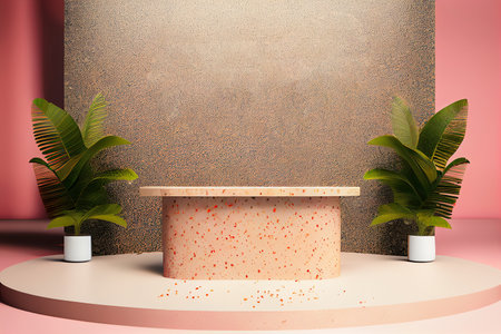 Minimal modern product display cosmetic products, empty scene Cylindrical podium with green leaves products presentation, Generative AIの素材