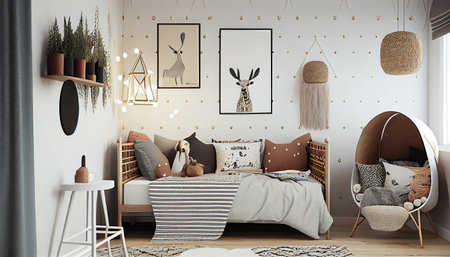 Cozy kids room with tent, Creative playroom interior decorated for child play, Montessori interior, room design, playroom, Generative AIの素材