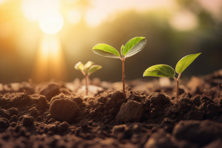 Lush greenery of a garden features a group of young plants with vibrant leaves, stems, and roots, showcasing the beauty of the progress of healthy growth. ecological wellness. Generative AI.の素材