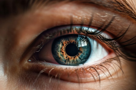 Gorgeous close-up of a young womans eye in stunning blue color. Macro view of the pupil and iris with focus on the stunning lashes. Perfect for beauty and emotion photography. AI Generative.の素材