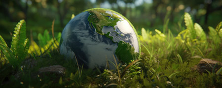 Glass globe set atop a bed of lush, vibrant green moss in a stunning nature setting. Celebrating World Environment Day and promoting eco-friendly practices and conservation efforts. AI Generativeの素材