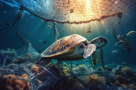 A turtle navigating a fishing net in the ocean, a powerful reminder of the impact of human activity on the natural world. The image highlights the need for environmental protection. AI Generative.の素材
