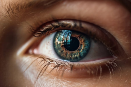 Stunning close-up of a womans eye in beautiful blue color. Macro view of the pupil and iris with focus on the optical anatomy. Perfect for ophthalmology and beauty photography. AI Generative.の素材