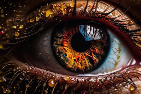 Saturated colors and abstract design of rainbow splash makeup on female eye. Dramatic close-up portrait of beauty model. Perfect for fashion and cosmetic photography. AI Generative.の素材